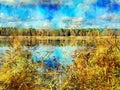 Watercolor illustration of autumn landscape on a lake with forest and reed Royalty Free Stock Photo