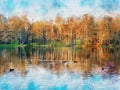 Watercolor illustration of autumn landscape on a lake with forest and reed Royalty Free Stock Photo