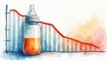 Watercolor illustration baby bottle chart shows declining birth rate, metaphor. Falling trend, family, population decrease, Royalty Free Stock Photo