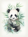 Watercolor Illustration Of a Baby Panda in Bamboo Leaves in Pastel Colors on a White Background