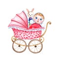 Toys in baby pink stroller watercolor