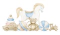 Watercolor illustration with Baby Toys in pastel blue and beige colors. Hand drawn illustration with Rocking Horse and