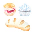 Watercolor illustration of bakery products for a bakery or cafe, isolated on white background.