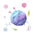 Watercolor illustration of a ball of yarn for knitting and accessories for needlework. Vector