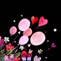 Watercolor illustration with balloons, hearts,leaves, herbs and flowers. Happy Valentine`s Day. Love text Royalty Free Stock Photo