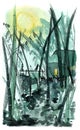 Watercolor illustration of bamboo forest and a little house in the night