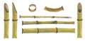 Watercolor illustration of a bamboo set. The stems are dry yellow-brown with different sections and without them.
