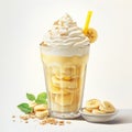 Watercolor illustration of banana milkshake with whipped cream and banana slices on white background