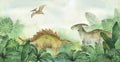 Watercolor illustration of banner or frame with a dinosaur parasaurolophus and pterodactyl and stegosaurus in green Royalty Free Stock Photo