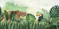Watercolor illustration banner, frame or template composition of tropical leaves, tiger and bird toucan. Seamless