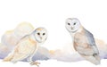 Watercolor Illustration Of Barn Owl With Clouds , Isolated. Horizontal Seamless Banner, Border