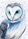 Watercolor illustration of a barn owl with colorful spotted feathers