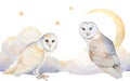 Watercolor Illustration Of Barn Owl With Moon,clouds And Stars Isolated. Horizontal Seamless Banner, Border
