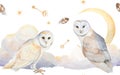 Watercolor Illustration Of Barn Owl With Moon, Feathers, Keys, Clouds And Stars Isolated. Horizontal Seamless Banner