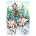 Watercolor illustration based on the fairy tale Morozko with a village girl on a sleigh pulled by pigs. For the design