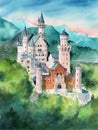 Watercolor illustration of the Bavarian Neuschweinstein castle