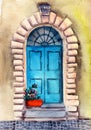 Watercolor illustration of a beautiful antique turquoise wooden door