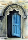 Watercolor illustration of a beautiful antique wooden turquoise door Royalty Free Stock Photo