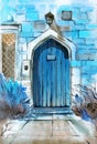 Watercolor illustration of a beautiful antique wooden turquoise door under a carved stone arch Royalty Free Stock Photo