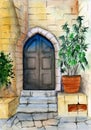 Watercolor illustration of a beautiful antique wooden turquoise door under a carved stone arch Royalty Free Stock Photo