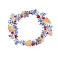 Watercolor illustration of beautiful autumn wreath with blue and red berries of magonia and hawthorn with leaves for modern design