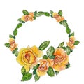 Watercolor illustration of beautiful autumn wreath with yellow roses with green leaves for wedding design on white Royalty Free Stock Photo