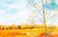 Watercolor illustration of a beautiful bright fall forest landscape Royalty Free Stock Photo