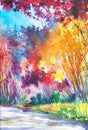 Watercolor illustration of a beautiful bright fall forest landscape Royalty Free Stock Photo