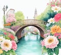 Watercolor illustration beautiful canal bridge with beautiful flowers, colorful flower gardens
