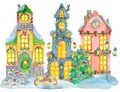 Watercolor illustration with beautiful Christmas houses, tower with clock, lantern, bench with gifts isolated on white Royalty Free Stock Photo