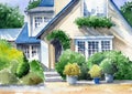 Watercolor illustration of a beautiful cottage with a blue roof and mullioned windows