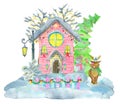 Watercolor illustration with beautiful cottage house, decorated conifer and deer with warm scarf isolated on white