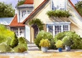 Watercolor illustration of a beautiful cottage with a red roof and mullioned windows