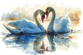 watercolor illustration of beautiful couple white swan birds kissing on the water