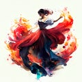 Watercolor illustration of a beautiful girl dancing flamenco. Hand drawn watercolor illustration. AI generated