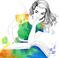 Watercolor illustration of beautiful girl with open book