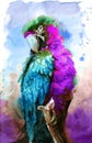 Watercolor illustration of a beautiful macaw parrot with colorful purple and blue feathers