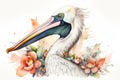 Watercolor illustration of beautiful pelican surrounded by flowers and splashes of watercolor paint Royalty Free Stock Photo