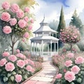 Pink rose garden and gazebo Royalty Free Stock Photo