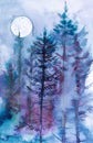 Watercolor illustration of a beautiful Russian forest against a huge moon