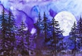 Watercolor illustration of a beautiful Russian forest against a huge moon