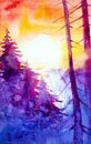 Watercolor illustration of a beautiful Russian forest at a bright summer sunset Royalty Free Stock Photo