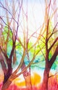 Watercolor illustration of a beautiful Russian forest at sunset