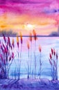 Watercolor illustration of a beautiful summer forest landscape by the lake.Sunset