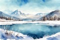 Watercolor illustration of a beautiful sunset, a lake and snow-capped mountains. Royalty Free Stock Photo