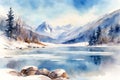 Watercolor illustration of a beautiful sunset, a lake and snow-capped mountains. Royalty Free Stock Photo