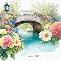 Watercolor illustration beautiful sweet canal bridge with beautiful flowers, colorful flower gardens, lamp