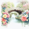 Watercolor illustration beautiful sweet canal bridge with beautiful flowers, colorful flower gardens