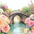Watercolor illustration beautiful sweet canal bridge with beautiful flowers, colorful flower gardens, pink