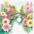 Watercolor illustration beautiful sweet canal bridge with beautiful flowers, colorful flower gardens, pink
